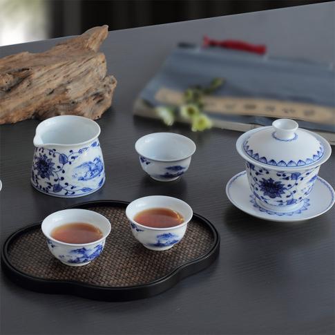 8头玲珑功夫茶具开堂山水盖碗