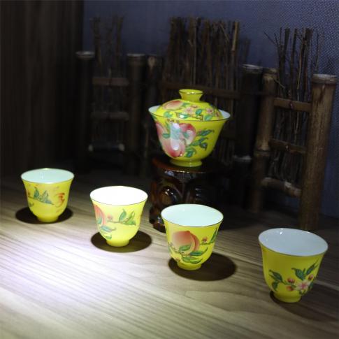 5头手绘工笔珐琅彩黄釉寿桃五福茶具(盖碗)