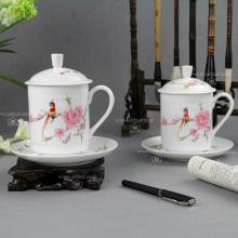 4头手绘水点桃花杯碟套组